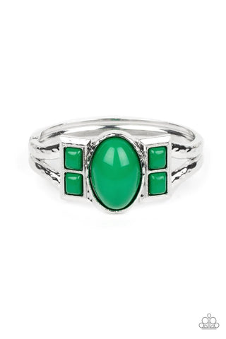 A TOUCH OF TIKI - GREEN BEAD SILVER HINGED BRACELET - PAPARAZZI