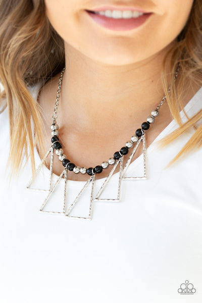 TERRA NOUVEAU - BLACK BEAD SILVER HAMMERED TRIANGLE FRAME NECKLACE - PAPARAZZI