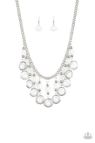 COOL CASCADE - WHITE BEAD SILVER CIRCLE FRINGE NECKLACE - PAPARAZZI