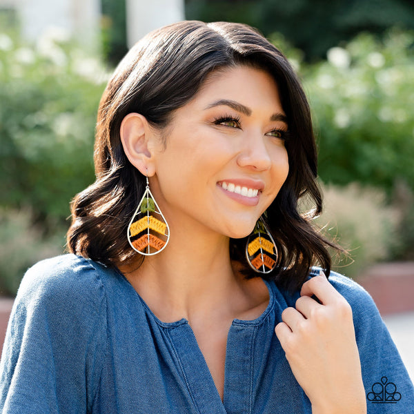 NICE THREADS - MULTI GREEN YELLOW AND ORANGE SILVER TEARDROP EARRINGS - PAPARAZZI