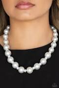 UPTOWN HEIRESS - WHITE PEARL SILVER RHINESTONE NECKLACE - PAPARAZZI