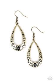 COLORFULLY CHARISMATIC - PAPARAZZI - BRASS TEARDROP FRAME BLACK BEAD EARRINGS