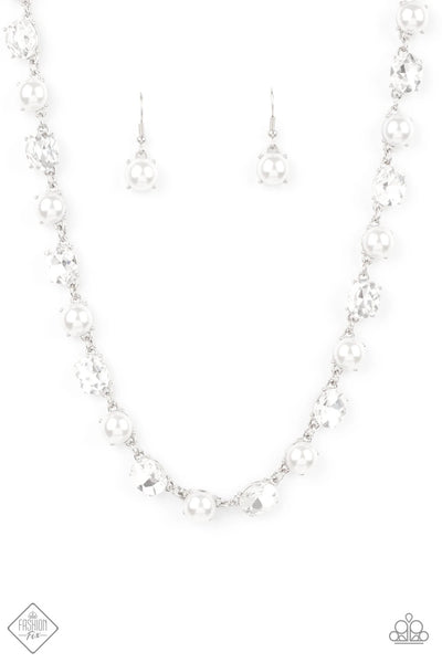 GO-GETTER GLEAM - WHITE PEARL AND RHINESTONE SILVER NECKLACE - FASHION FIX EXCLUSIVE JANUARY 2021 - PAPARAZZI