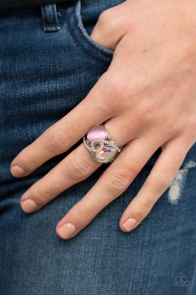 SELFIE-INDULGENCE - PINK CAT'S EYE IRIDESCENT GEM SILVER RING - PAPARAZZI