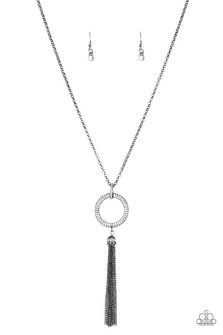 STRAIGHT TO THE TOP - BLACK GUN METAL CIRCLE TASSEL WHITE RHINESTONE PENDANT NECKLACE - PAPARAZZI