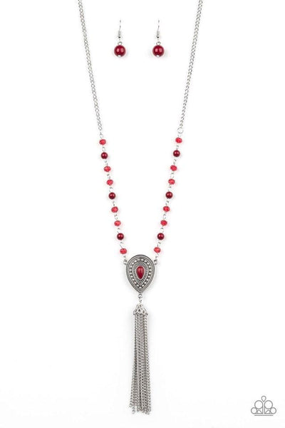 SOUL QUEST - RED BEAD SILVER TASSEL PENDANT NECKLACE - PAPARAZ