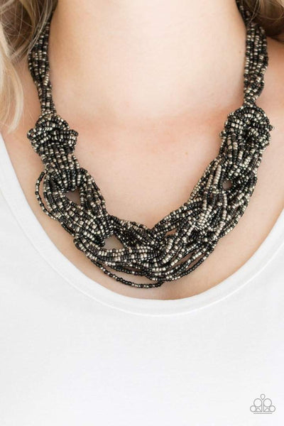 CITY CATWALK - BLACK AND GUNMETAL SEED BEAD NECKLACE - PAPARAZZI