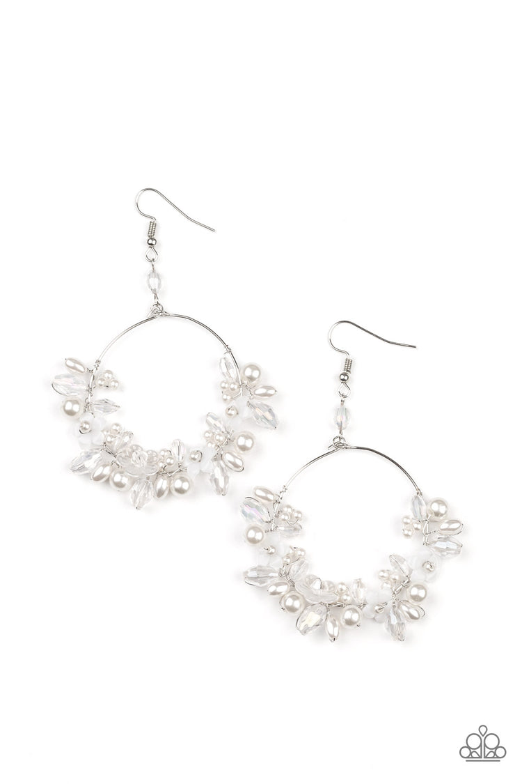 FLOATING GARDENS - WHITE PEARL FLOWER IRIDESCENT BEAD SILVER CIRCLE EARRINGS - LIFE OF THE PARTY FEBRUARY 2022