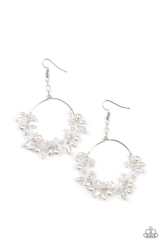 FLOATING GARDENS - WHITE PEARL FLOWER IRIDESCENT BEAD SILVER CIRCLE EARRINGS - LIFE OF THE PARTY FEBRUARY 2022