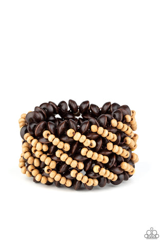 COZY IN COZUMEL - BROWN AND TAN WOODEN BEAD STRETCHY BRACELET - PAPARAZZI