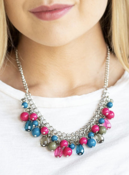 TOUR DE TRENDSETTER - MULTI BLUE GREEN AND PINK SILVER NECKLACE - PAPARAZZI