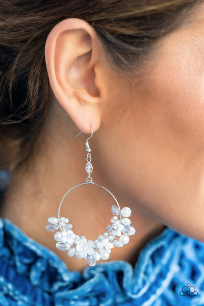 FLOATING GARDENS - WHITE PEARL FLOWER IRIDESCENT BEAD SILVER CIRCLE EARRINGS - LIFE OF THE PARTY FEBRUARY 2022