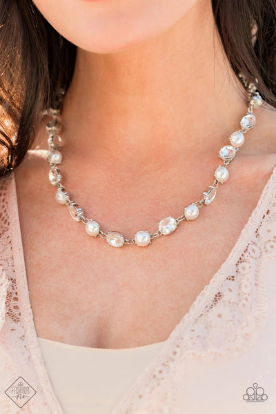 GO-GETTER GLEAM - WHITE PEARL AND RHINESTONE SILVER NECKLACE - FASHION FIX EXCLUSIVE JANUARY 2021 - PAPARAZZI