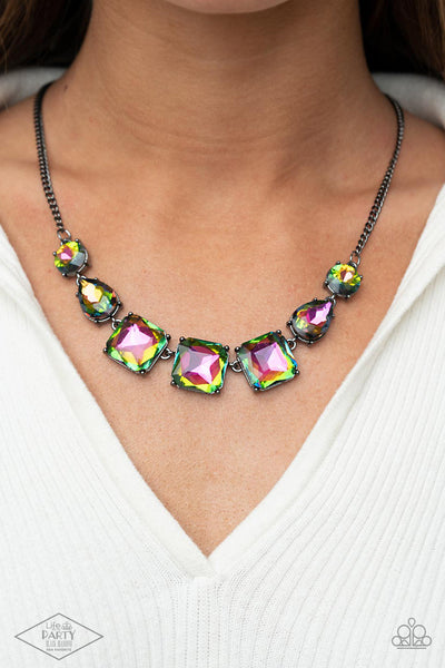 UNFILTERED CONFIDENCE - MULTI OIL SPILL GEM GUNMETAL NECKLACE - PAPARAZZI - AUGUST 2021 LIFE OF THE PARTY
