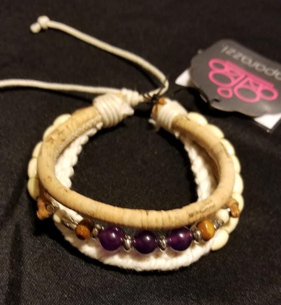 NATURAL-BORN NAVIGATOR - PURPLE BEAD WHITE CORD SLIDE BRACELET - PAPARAZZI
