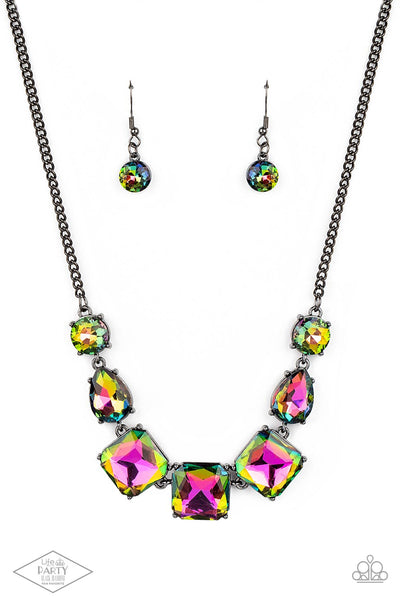 UNFILTERED CONFIDENCE - MULTI OIL SPILL GEM GUNMETAL NECKLACE - PAPARAZZI - AUGUST 2021 LIFE OF THE PARTY