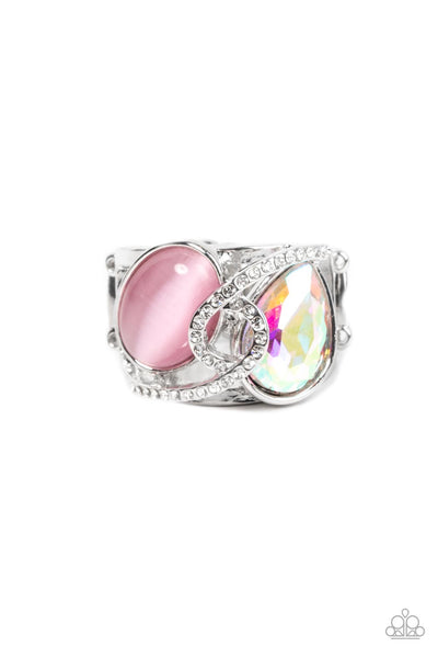 SELFIE-INDULGENCE - PINK CAT'S EYE IRIDESCENT GEM SILVER RING - PAPARAZZI