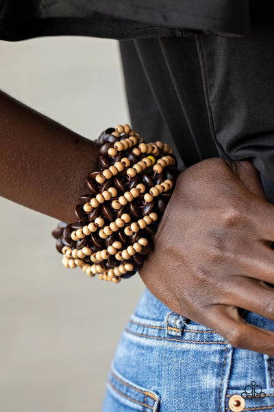 COZY IN COZUMEL - BROWN AND TAN WOODEN BEAD STRETCHY BRACELET - PAPARAZZI