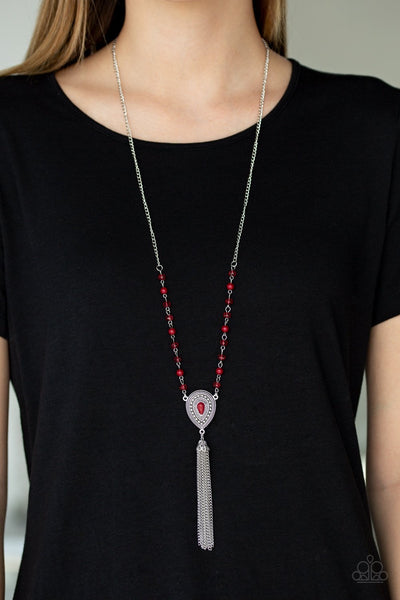 SOUL QUEST - RED BEAD SILVER TASSEL PENDANT NECKLACE - PAPARAZ