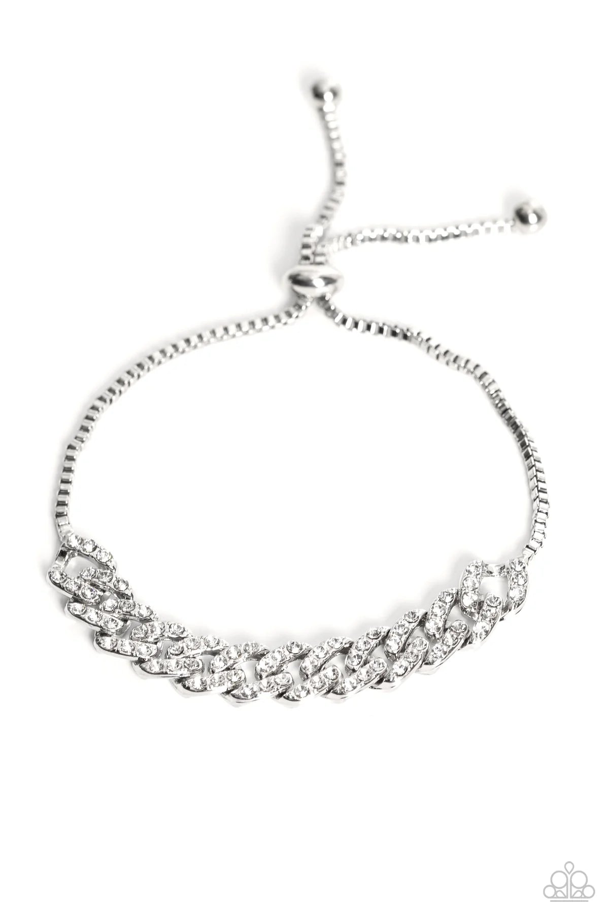 MECCA METRO - WHITE RHINESTONE SILVER SLIDE BRACELET - PAPARAZZI EMP 2023