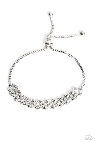 MECCA METRO - WHITE RHINESTONE SILVER SLIDE BRACELET - PAPARAZZI EMP 2023