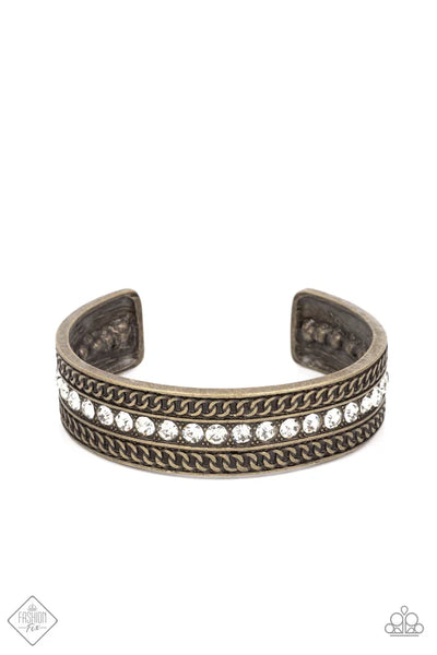 GRIT GOALS - BRASS AND WHITE RHINESTONE CUFF BRACELET - PAPARAZZI FASHION FIX MAY 2022