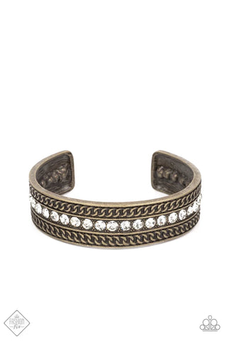 GRIT GOALS - BRASS AND WHITE RHINESTONE CUFF BRACELET - PAPARAZZI FASHION FIX MAY 2022